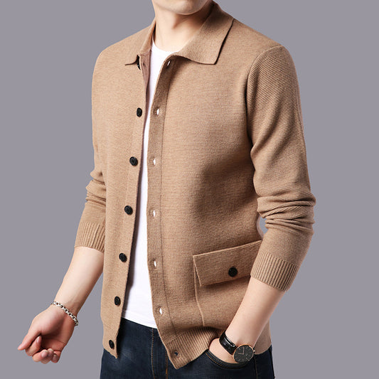 WINDSOR WOOL LAPEL CARDIGAN IN CAMEL