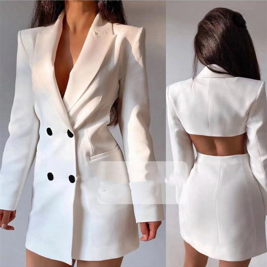 ELEGANT COMMUTE DOUBLE BREASTED SKIRT SUIT IN WHITE