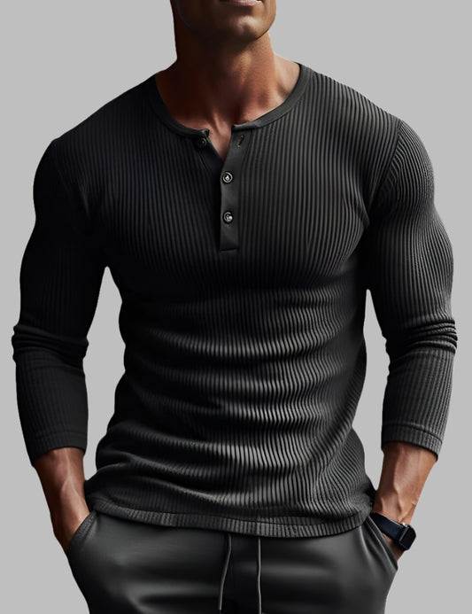 HAMILTON STRIPED KNITTED HENLEY IN BLACK