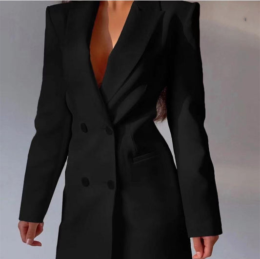 ELEGANT COMMUTE DOUBLE BREASTED SKIRT SUIT IN BLACK